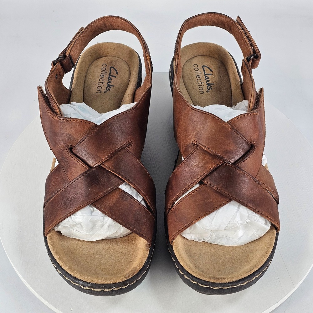 Clarks Collection Merliah Echo Brown Leather Cross Strap Wedge Sandals 9.5M